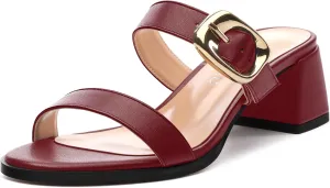 Womens Heeled Sandals, Round Open Toe Low Heels, Fashion Buckle Slip On Solid Matte Sandals 2 inch