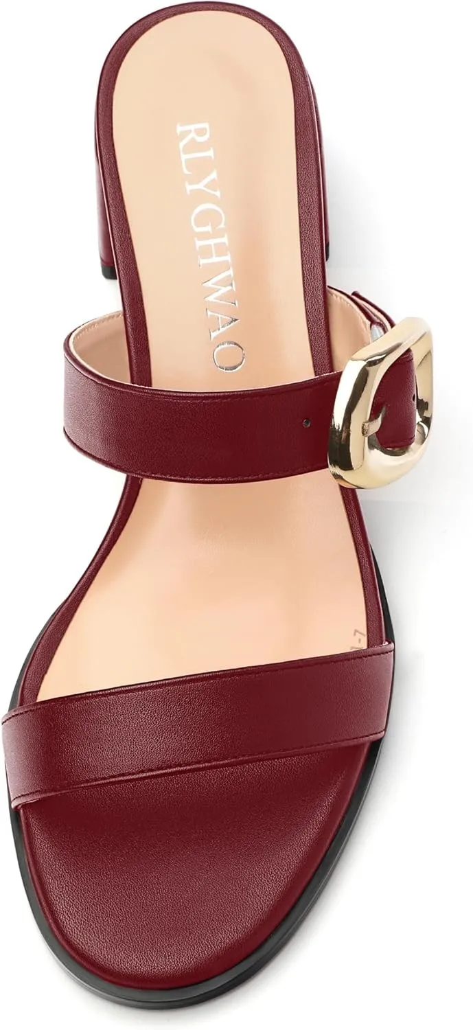 Womens Heeled Sandals, Round Open Toe Low Heels, Fashion Buckle Slip On Solid Matte Sandals 2 inch