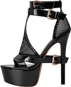Women's High Stiletto Heels Platform Mesh Buckle Open Toe Ankle Strap Dress Shoes Sandals