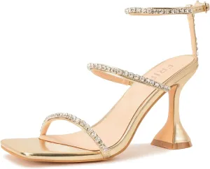 Women's Kitten Heel Rhinestone Sandals Lace Up Slingback Square Open Toe Heels Sparkling Sandals with Stiletto Buckle Strap for Dress Party Prom Wedding High Heeled Shoes Gold 10