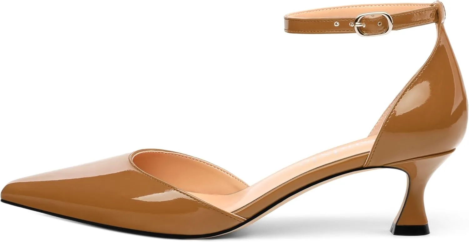 Womens Kitten Low Heels, Ankle Strap Pumps Pointed Closed Toe Heels for Women Dress Shoes Party Office Wedding 2 Inch