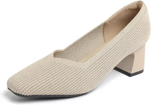Women’s Knit Slip On Chunky Heel Pumps Square Toe Pump Low Heel Shoes Comfortable Casual Knitted Dress Shoes for Daily Office