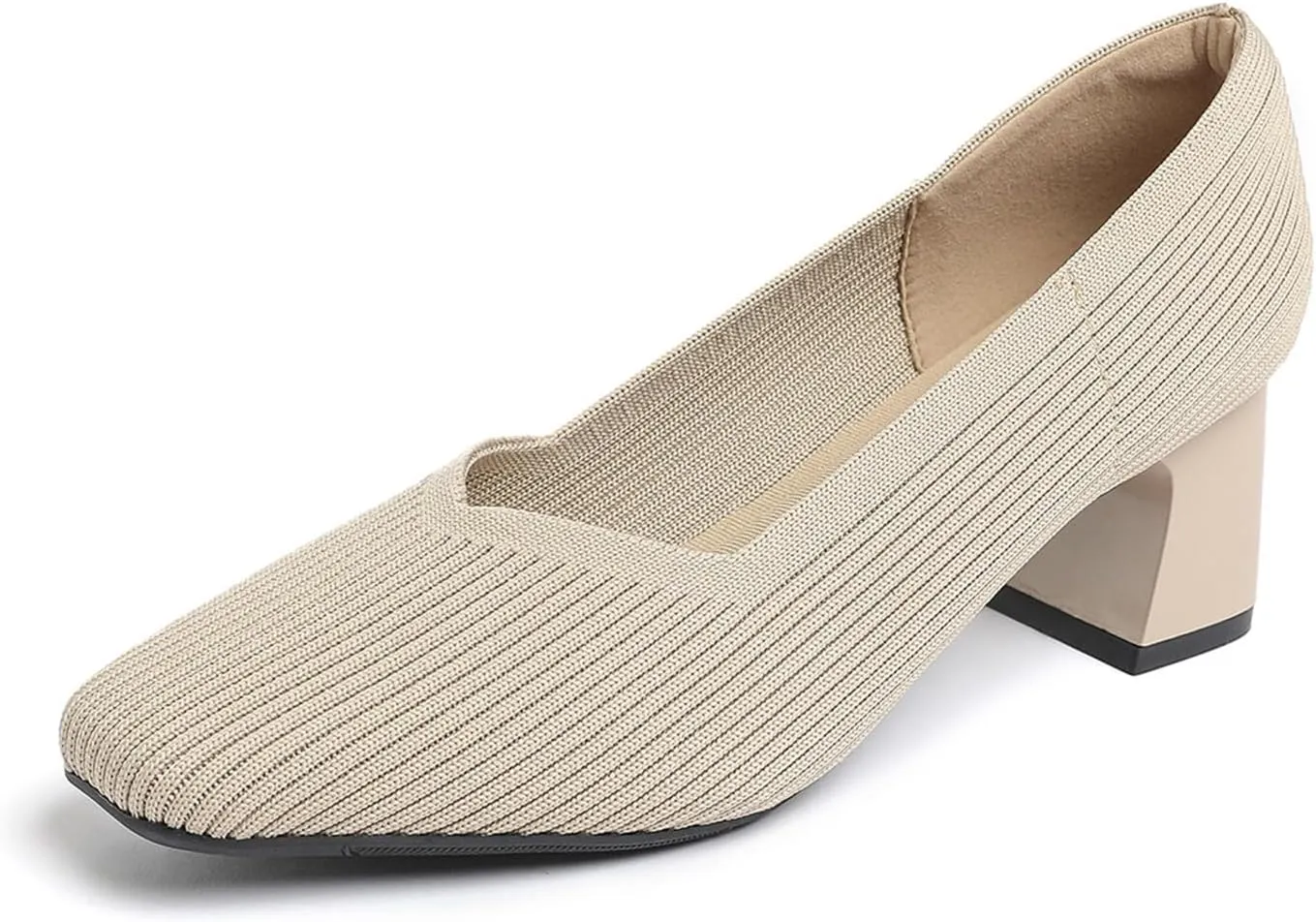 Women’s Knit Slip On Chunky Heel Pumps Square Toe Pump Low Heel Shoes Comfortable Casual Knitted Dress Shoes for Daily Office