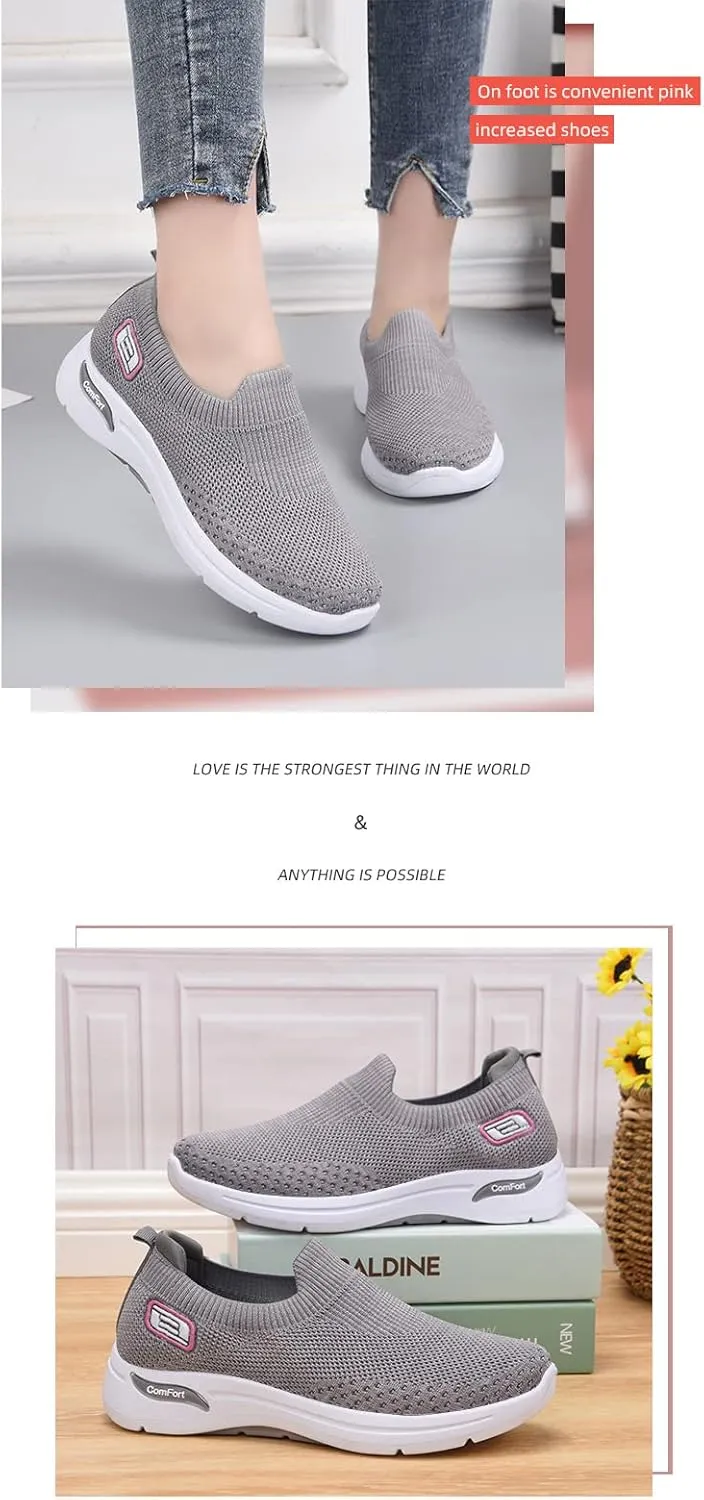 Women's Lightweight Slip-On Walking Shoes - Breathable Athletic Tennis Sneakers with Soft Knitted Fabric for Casual Gym Running of All Ages