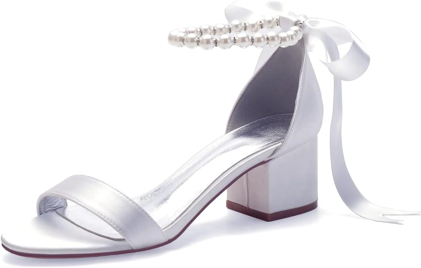 Women's Low Block Heel Sandals Chunky Ankle Strap Pearl Wedding Dress Shoes Low Heel Comfortable Pump Sandals