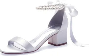Women's Low Block Heel Sandals Chunky Ankle Strap Pearl Wedding Dress Shoes Low Heel Comfortable Pump Sandals