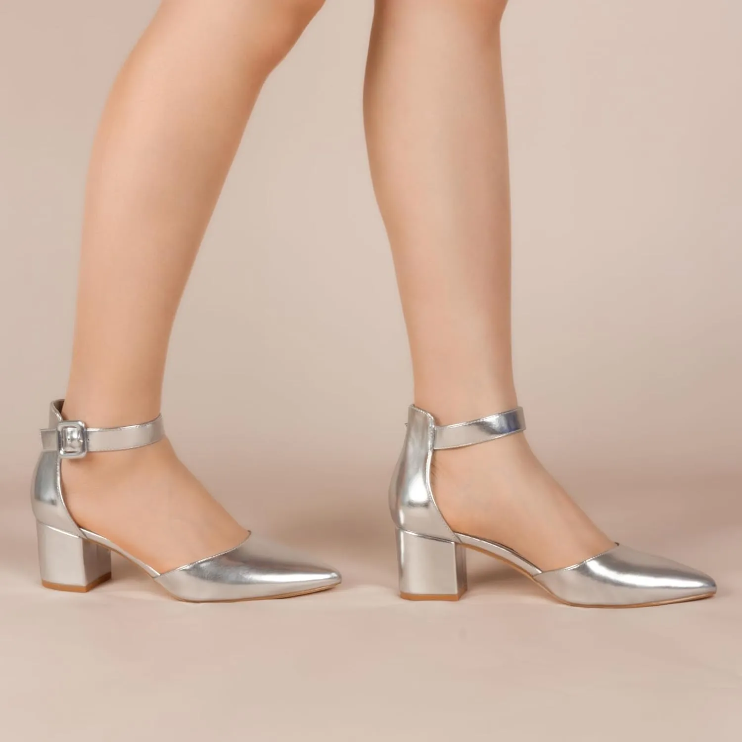 Women's Low Block Heels Chunky Closed Toe Pump Shoes with Ankle Strap
