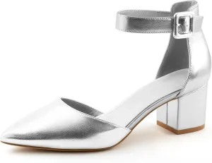 Women's Low Block Heels Chunky Closed Toe Pump Shoes with Ankle Strap