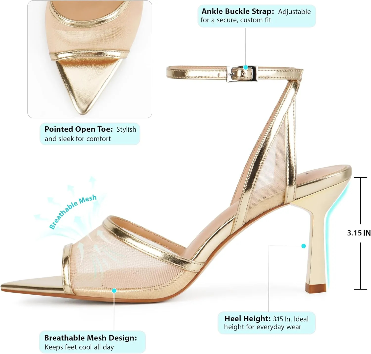 Women's Mesh High Heels Sandals Pointed Open Toe Ankle Buckle Strap Stiletto Heels Dress Wedding Shoes