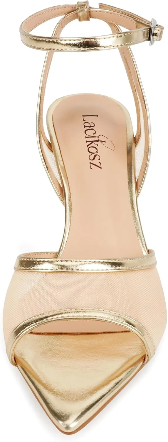Women's Mesh High Heels Sandals Pointed Open Toe Ankle Buckle Strap Stiletto Heels Dress Wedding Shoes
