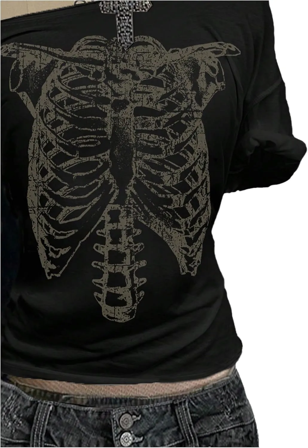 Women's Off The Shoulder Tops Graphic Goth Tee Y2k Vintage Asymmetrical Neck Oversized T Shirts