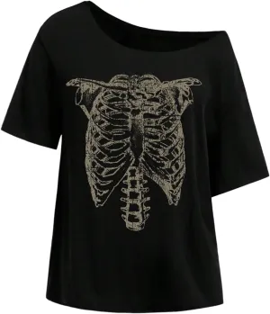 Women's Off The Shoulder Tops Graphic Goth Tee Y2k Vintage Asymmetrical Neck Oversized T Shirts