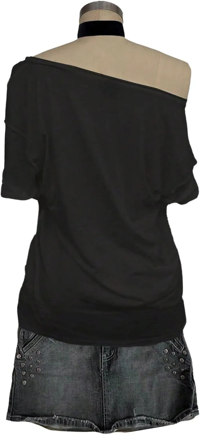 Women's Off The Shoulder Tops Graphic Goth Tee Y2k Vintage Asymmetrical Neck Oversized T Shirts