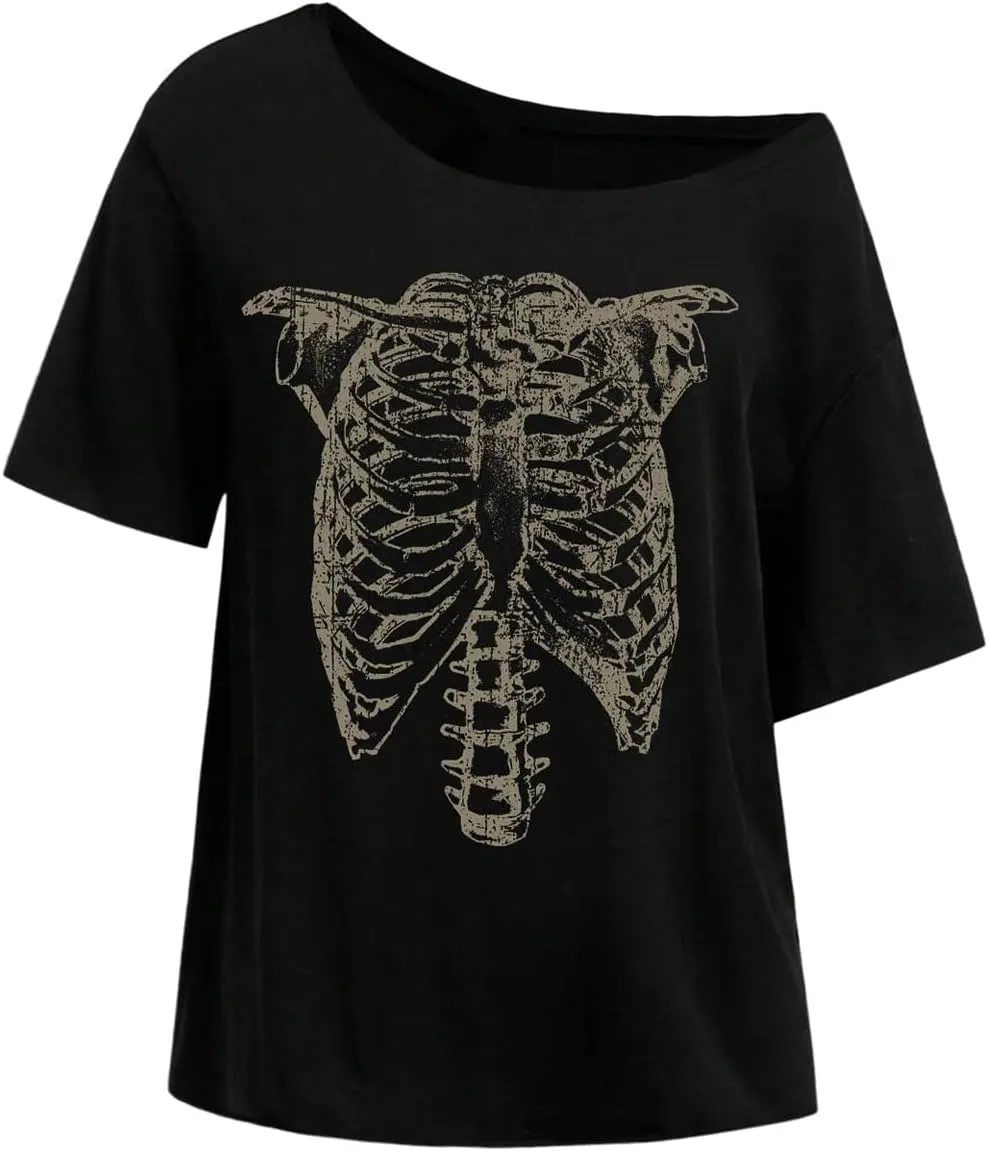 Women's Off The Shoulder Tops Graphic Goth Tee Y2k Vintage Asymmetrical Neck Oversized T Shirts