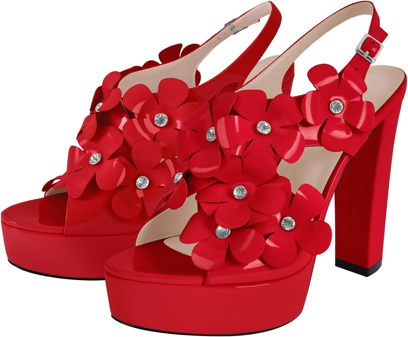 Women's Platform Chunky High Heel Floral Ankle Buckle Peep Open Toe Sandals