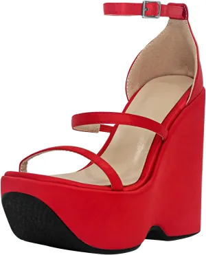 Women's Platform High Heeled Sandals Ankle Strap Wedge Heel Buckle Peep Toe Satin Fashion Sandals