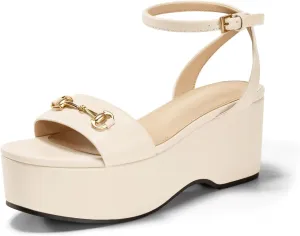 Womens Platform Sandals Chunky Wedges Heels Open Toe Ankle Strap Summer Dress Shoes with Metal Buckle