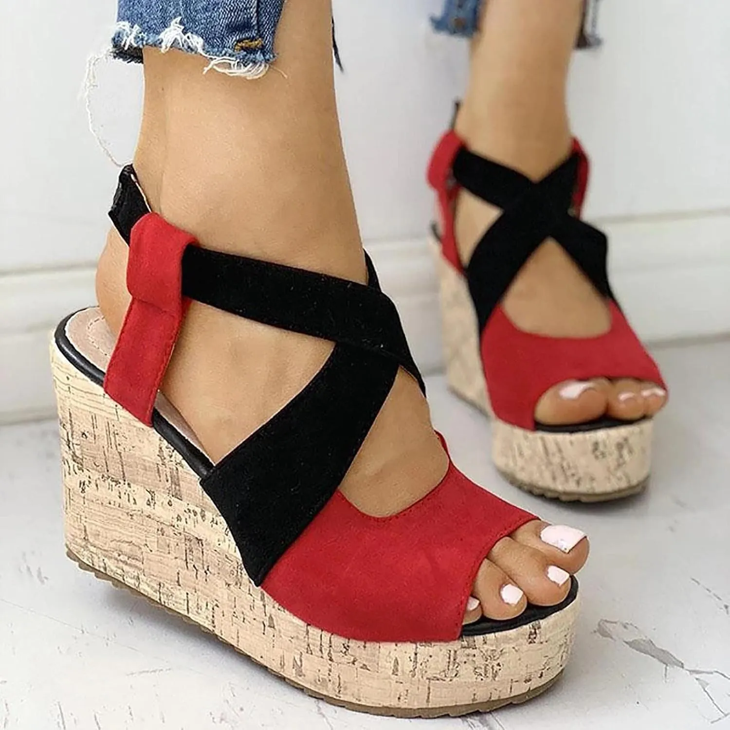 Women's Platform Sandals Wedge Open Toe Ankle Strap Lace Wedding Bridesmaid Shoes Bohemia Wide Width Dressy Summer