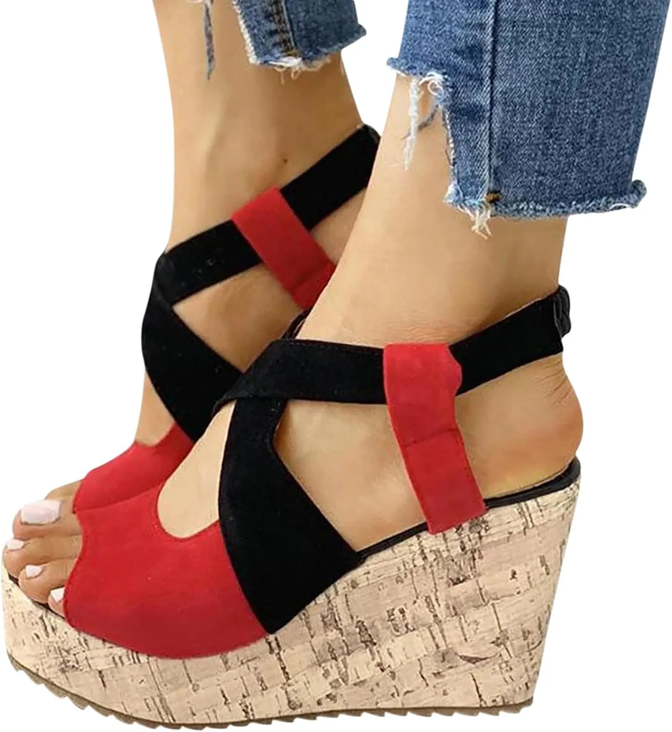 Women's Platform Sandals Wedge Open Toe Ankle Strap Lace Wedding Bridesmaid Shoes Bohemia Wide Width Dressy Summer