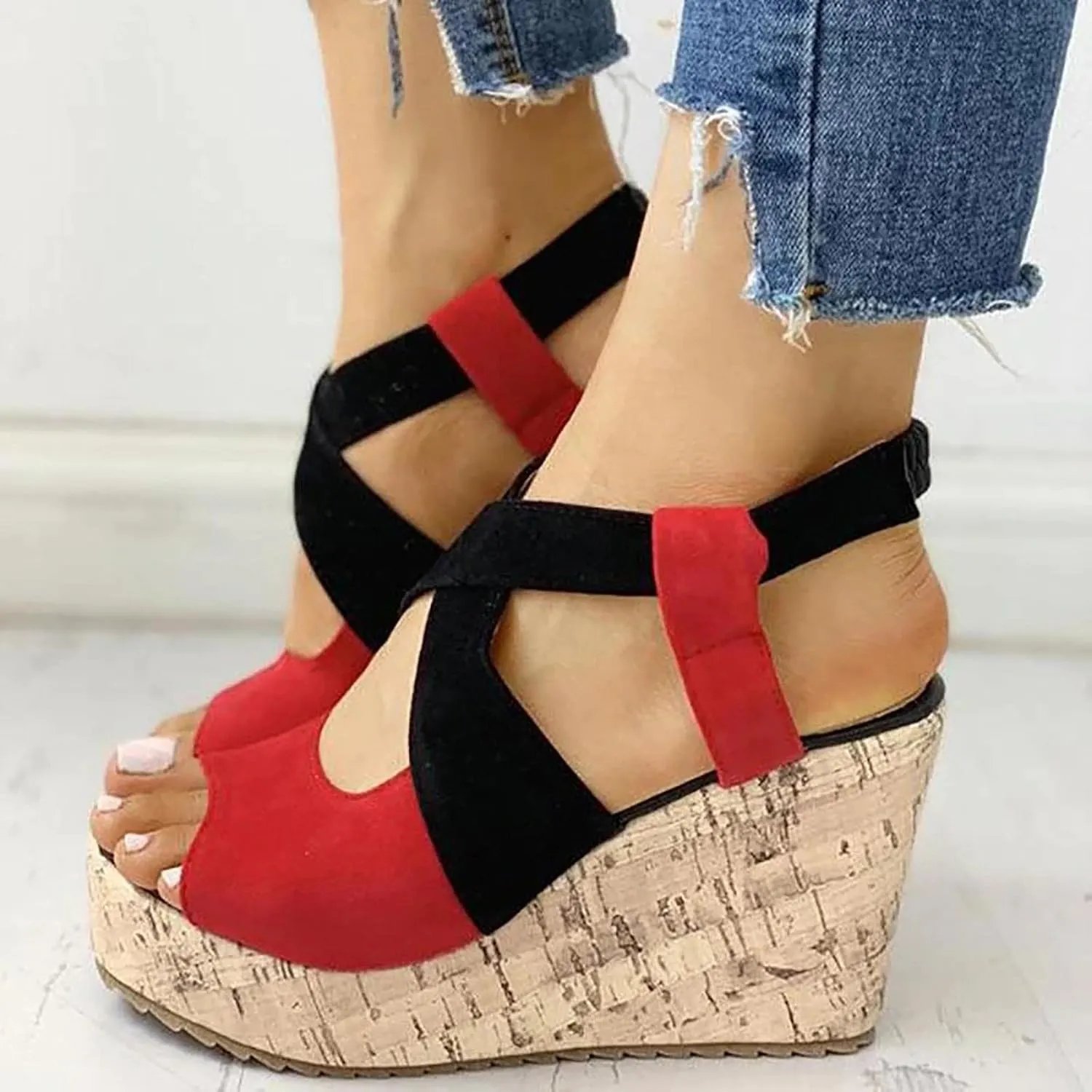 Women's Platform Sandals Wedge Open Toe Ankle Strap Lace Wedding Bridesmaid Shoes Bohemia Wide Width Dressy Summer