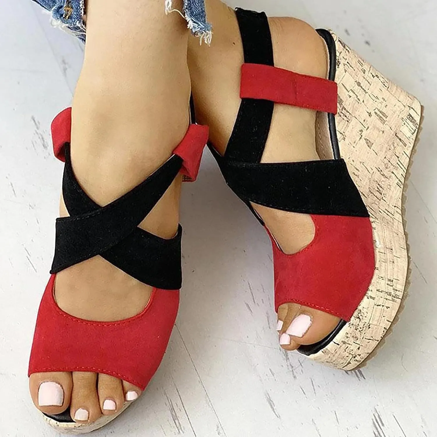 Women's Platform Sandals Wedge Open Toe Ankle Strap Lace Wedding Bridesmaid Shoes Bohemia Wide Width Dressy Summer