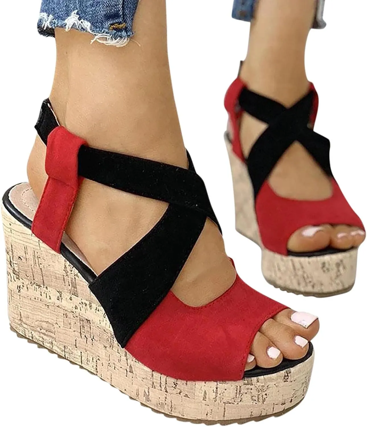 Women's Platform Sandals Wedge Open Toe Ankle Strap Lace Wedding Bridesmaid Shoes Bohemia Wide Width Dressy Summer
