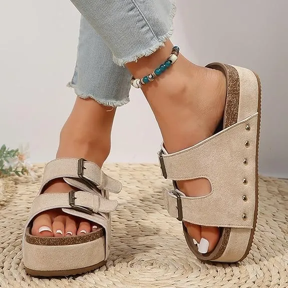 Women's Platform Sandals,Double Buckle Adjustable Open Toe Sandals Cork Footbed Heeled Slides Comfort Suede Clogs Summer Flatform Slippers ﻿
