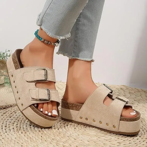 Women's Platform Sandals,Double Buckle Adjustable Open Toe Sandals Cork Footbed Heeled Slides Comfort Suede Clogs Summer Flatform Slippers ﻿