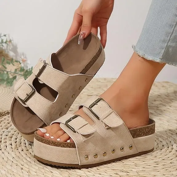 Women's Platform Sandals,Double Buckle Adjustable Open Toe Sandals Cork Footbed Heeled Slides Comfort Suede Clogs Summer Flatform Slippers ﻿