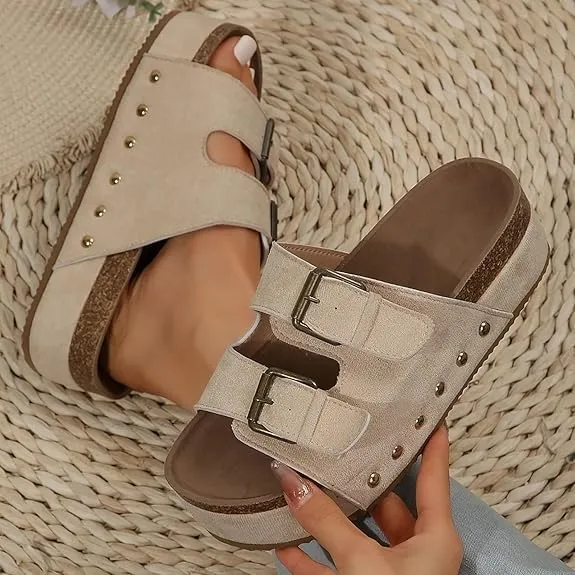 Women's Platform Sandals,Double Buckle Adjustable Open Toe Sandals Cork Footbed Heeled Slides Comfort Suede Clogs Summer Flatform Slippers ﻿
