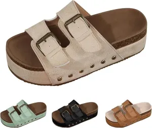 Women's Platform Sandals,Double Buckle Adjustable Open Toe Sandals Cork Footbed Heeled Slides Comfort Suede Clogs Summer Flatform Slippers ﻿