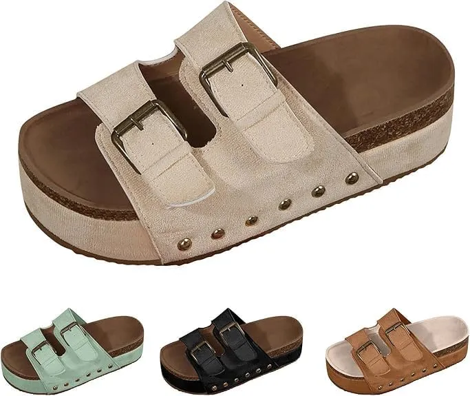 Women's Platform Sandals,Double Buckle Adjustable Open Toe Sandals Cork Footbed Heeled Slides Comfort Suede Clogs Summer Flatform Slippers ﻿