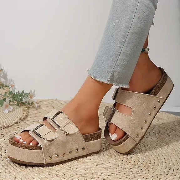 Women's Platform Sandals,Double Buckle Adjustable Open Toe Sandals Cork Footbed Heeled Slides Comfort Suede Clogs Summer Flatform Slippers ﻿