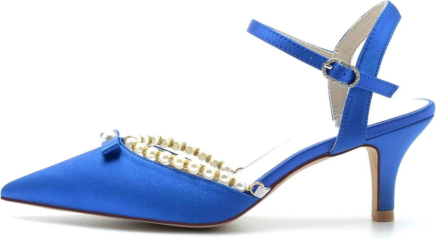 Womens Pointed Toe Ankle Buckle Strap Court Shoes Dress Pumps Mid Pearls Heel Satin Wedding Shoes for Bridal
