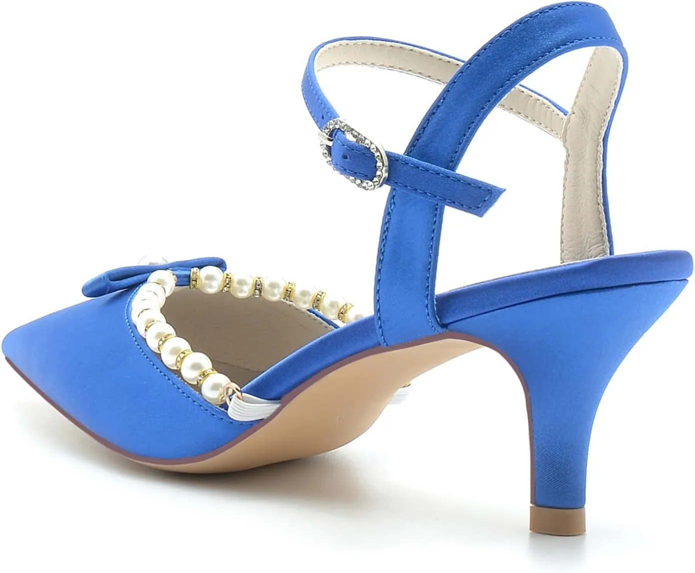 Womens Pointed Toe Ankle Buckle Strap Court Shoes Dress Pumps Mid Pearls Heel Satin Wedding Shoes for Bridal