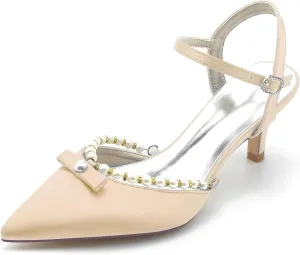 Womens Pointed Toe Ankle Buckle Strap Court Shoes Dress Pumps Mid Pearls Heel Satin Wedding Shoes for Bridal