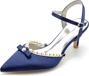 Womens Pointed Toe Ankle Buckle Strap Court Shoes Dress Pumps Mid Pearls Heel Satin Wedding Shoes for Bridal