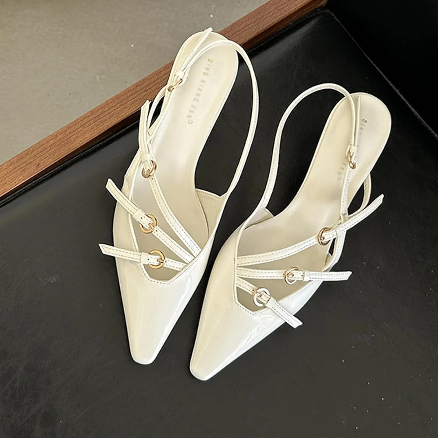 Women's Pointed Toe Kitten Heels Buckle Pumps,Sexy Slingback Adjustable Metallic Multi-Buckle Low Heel Sandals Slip On Office Party Dress Pumps Shoes