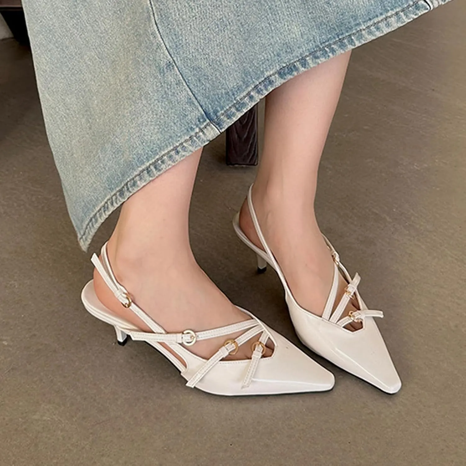 Women's Pointed Toe Kitten Heels Buckle Pumps,Sexy Slingback Adjustable Metallic Multi-Buckle Low Heel Sandals Slip On Office Party Dress Pumps Shoes