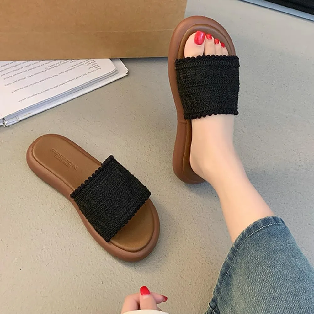 Women’s PU Flat Sandals Fashion Boho Dressy Summer Slippers with Knit Band Open Toe Slip On Beach Slide 2025 Casual Sandals