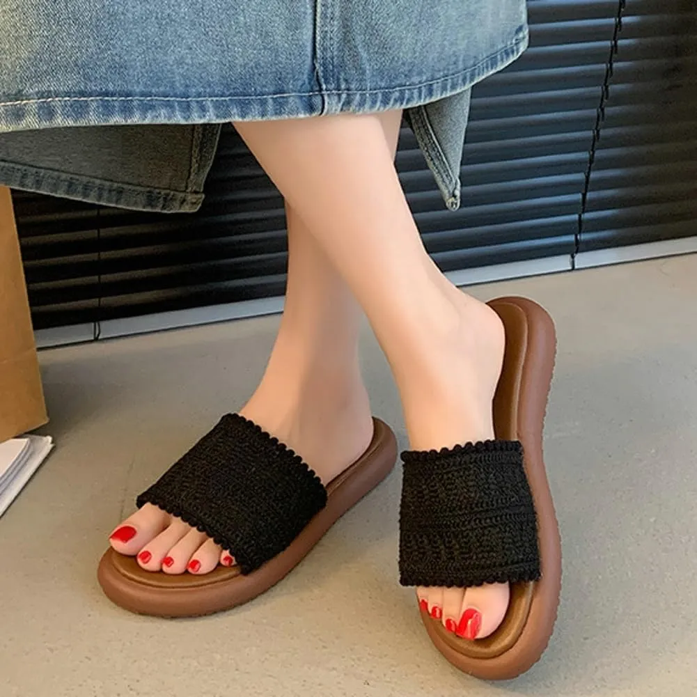 Women’s PU Flat Sandals Fashion Boho Dressy Summer Slippers with Knit Band Open Toe Slip On Beach Slide 2025 Casual Sandals