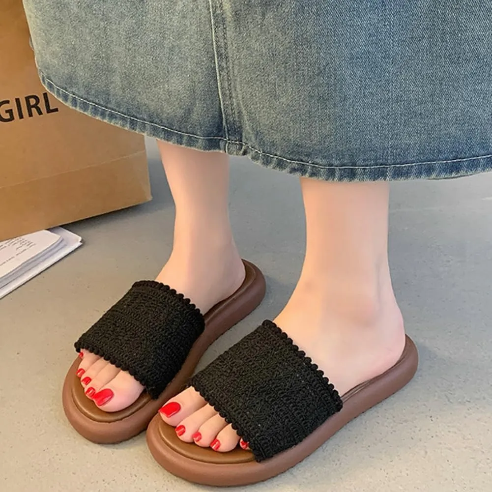 Women’s PU Flat Sandals Fashion Boho Dressy Summer Slippers with Knit Band Open Toe Slip On Beach Slide 2025 Casual Sandals