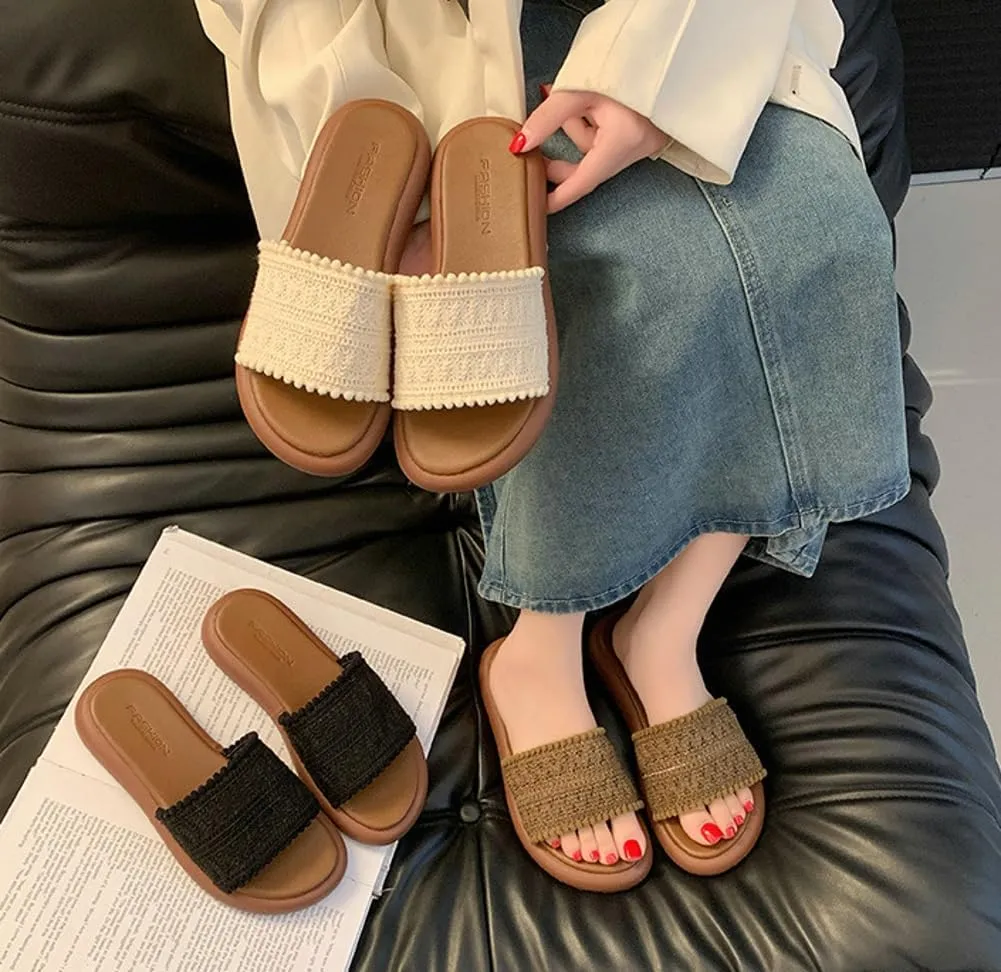 Women’s PU Flat Sandals Fashion Boho Dressy Summer Slippers with Knit Band Open Toe Slip On Beach Slide 2025 Casual Sandals