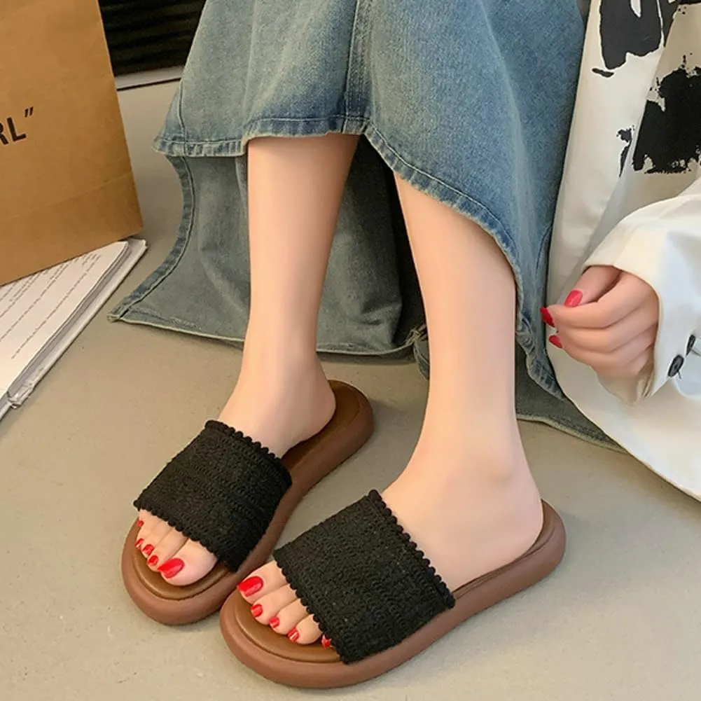 Women’s PU Flat Sandals Fashion Boho Dressy Summer Slippers with Knit Band Open Toe Slip On Beach Slide 2025 Casual Sandals