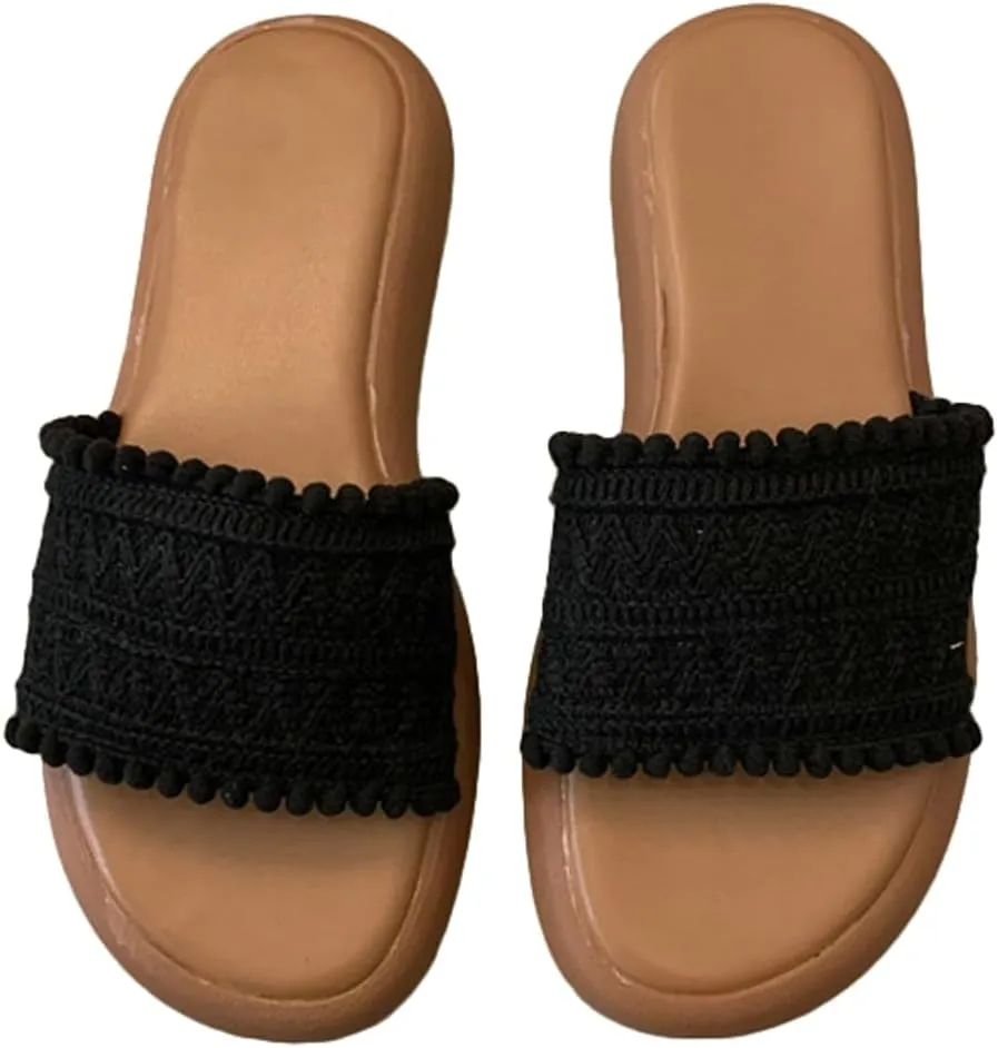 Women’s PU Flat Sandals Fashion Boho Dressy Summer Slippers with Knit Band Open Toe Slip On Beach Slide 2025 Casual Sandals