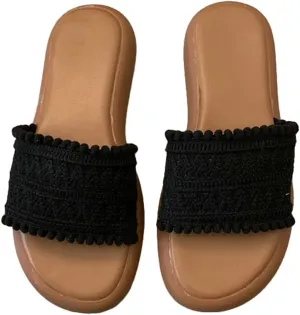 Women’s PU Flat Sandals Fashion Boho Dressy Summer Slippers with Knit Band Open Toe Slip On Beach Slide 2025 Casual Sandals