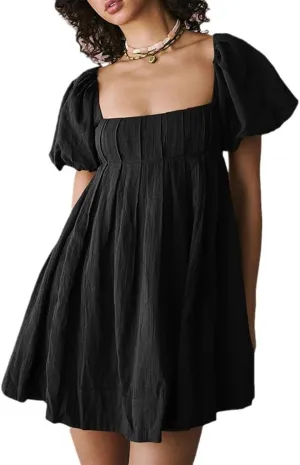 Womens Puffy Sleeve Tie Back Mini Dress Babydoll Ruffle A Line Smocked Cottagecore Y2k Beach Vacation Boho Sundress