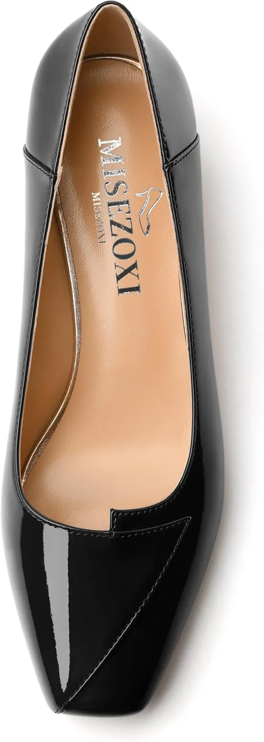 Womens Pumps, Low Chunky Block Heels for Women, Square Toe Womens Dress Shoes for Party and Office, Patent Dress Pumps