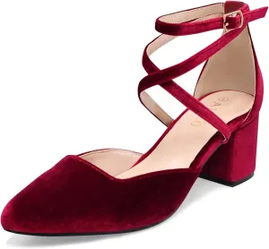 Women's Pumps Low Chunky Heeled Pump Shoes 2.3 Inch Closed Pointed Toe Cross Ankle Strap Wedding Bridal Party Office Dress Shoes