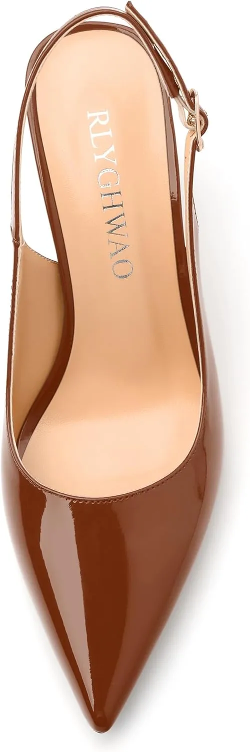 Women's Pumps, Pointed Toe High Heels, Slingback with Buckle, Fashion Solid Patent Pumps for Working Partying Wedding